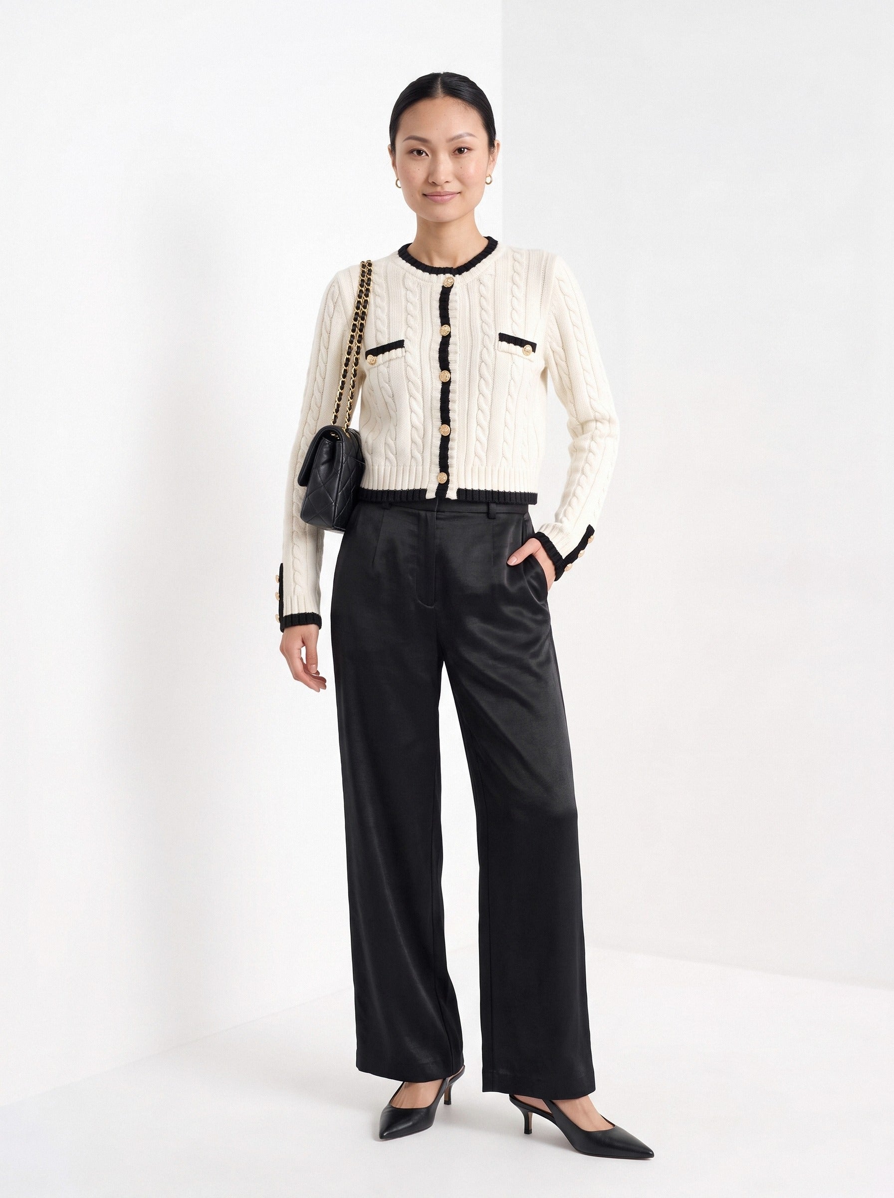 BLENIN satin wide leg trousers in black, full-length front view