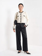 BLENIN satin wide leg trousers in black, full-length front view