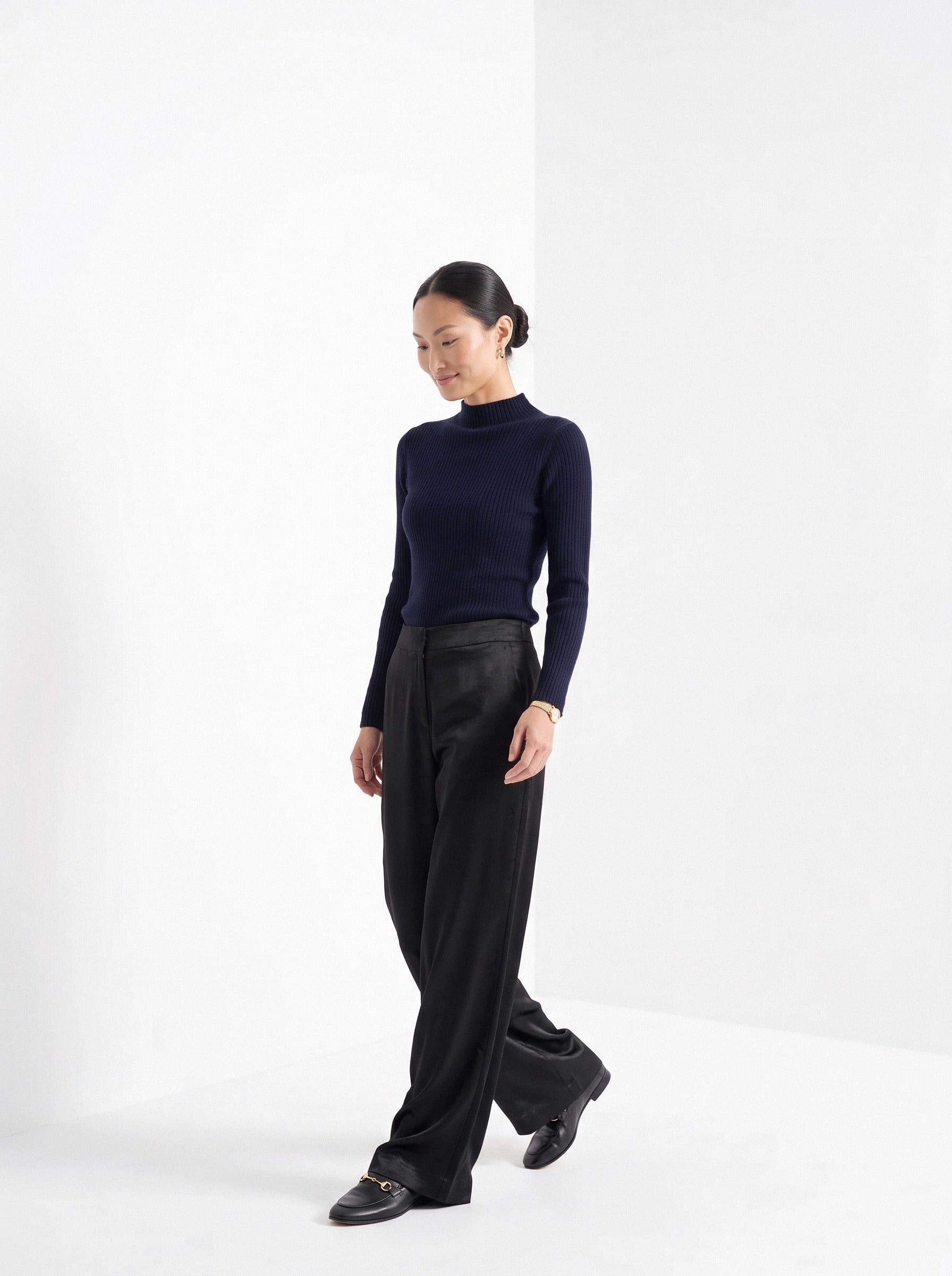 BLENIN satin wide leg trousers in black, full outfit, walking