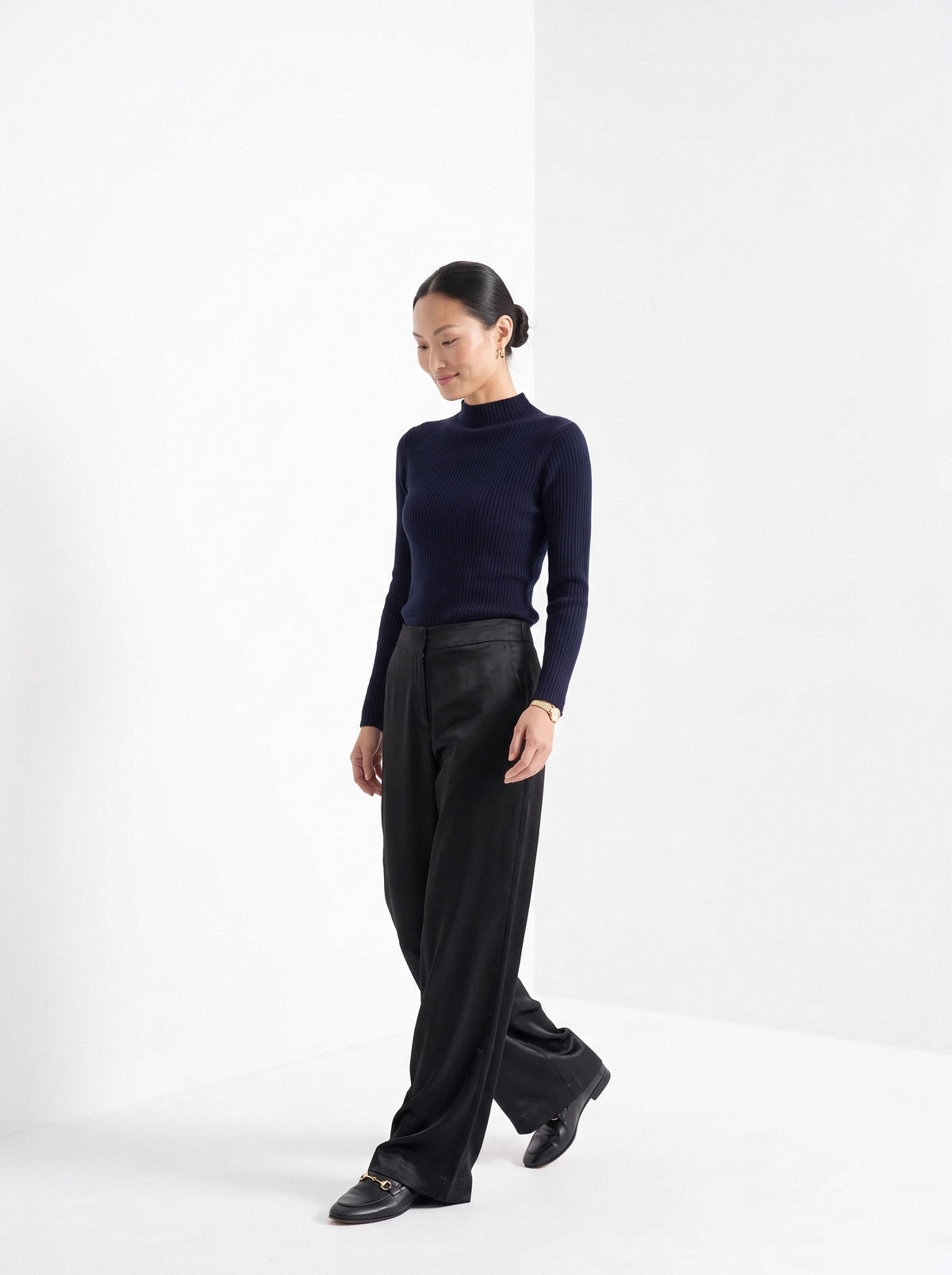 BLENIN satin wide leg trousers in black, full outfit, walking