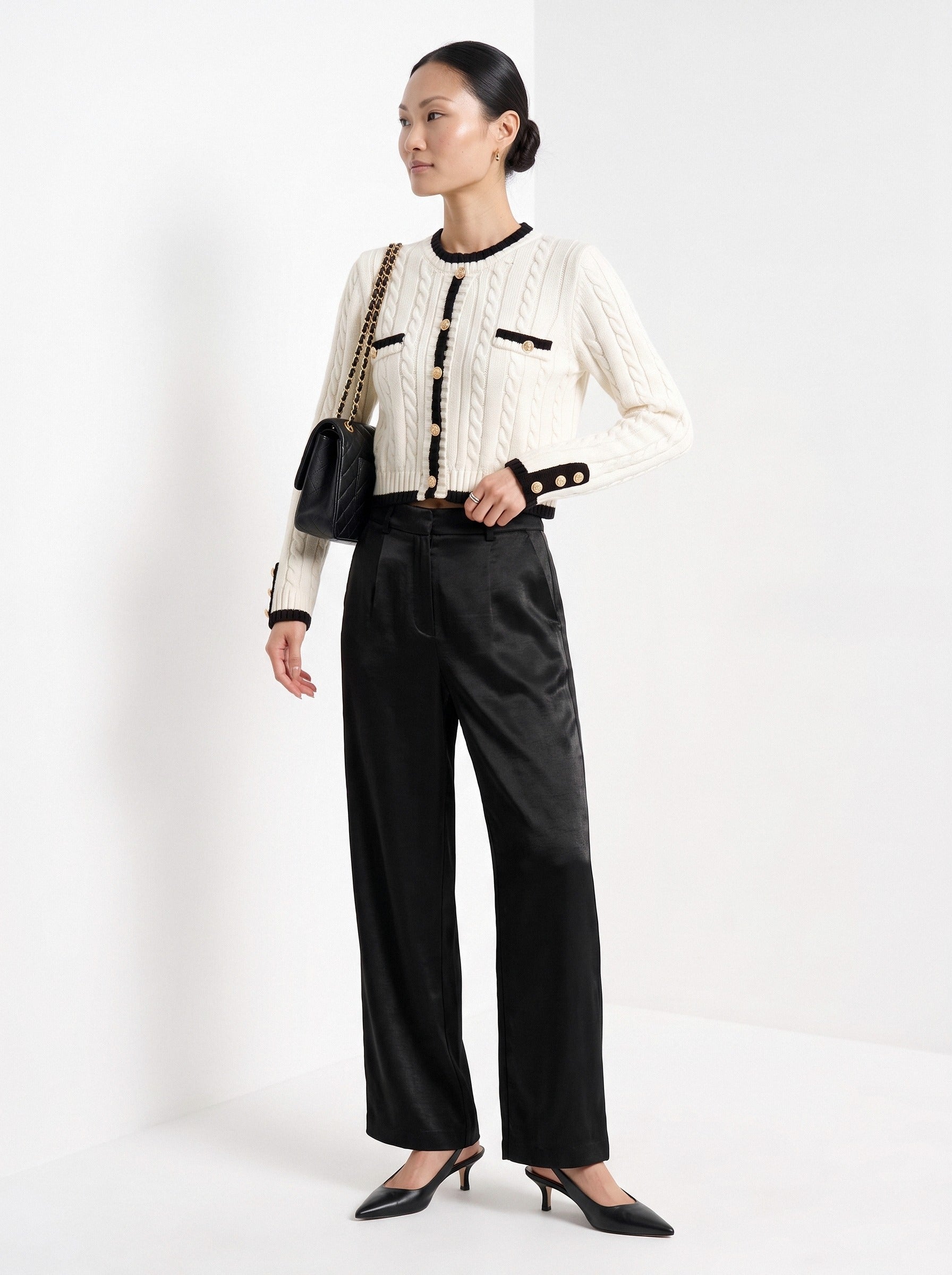 BLENIN satin wide leg trousers in black, three-quarter view