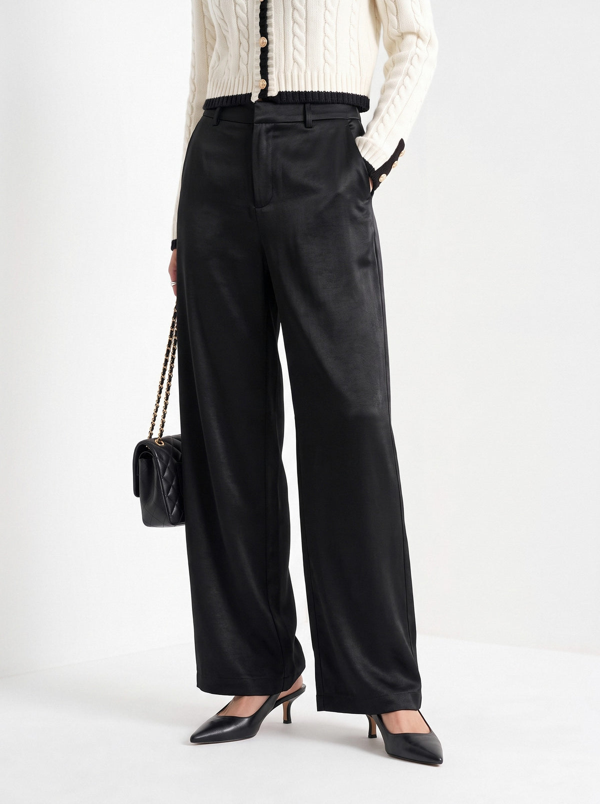 BLENIN satin wide leg trousers in black, hem and shoes detail