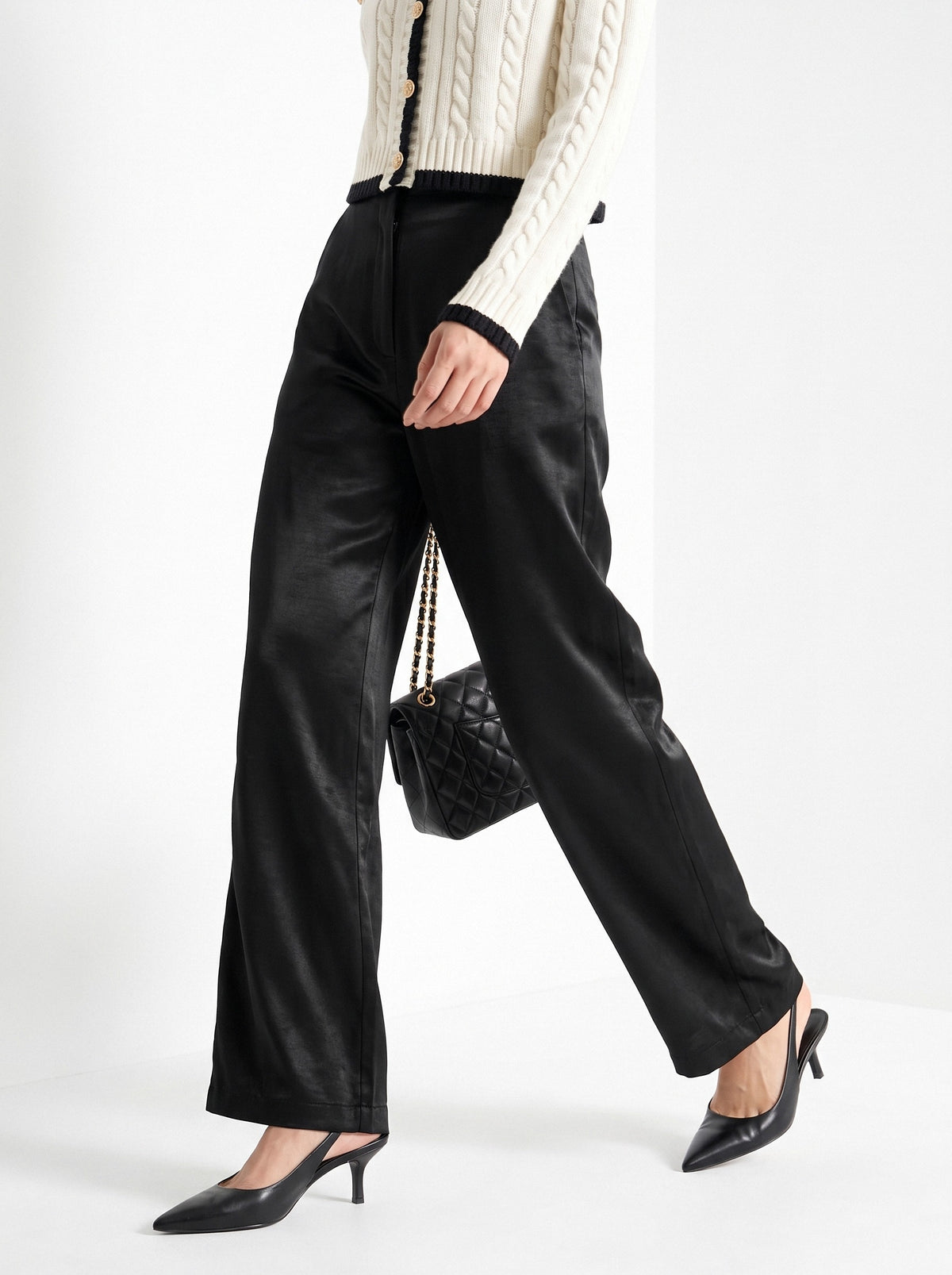 BLENIN satin wide leg trousers in black, styled detail