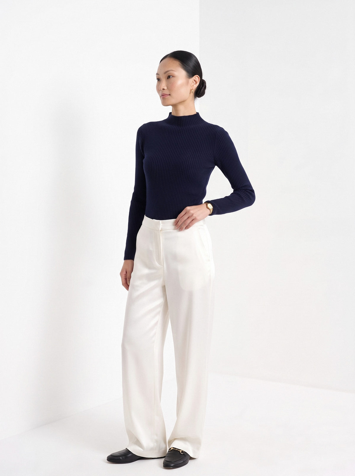 BLENIN satin wide leg trousers in white, three-quarter view