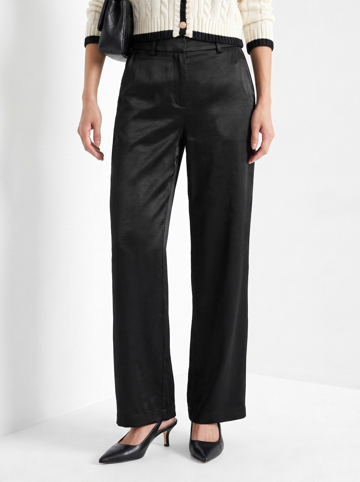 BLENIN satin wide leg trousers in black, front portrait