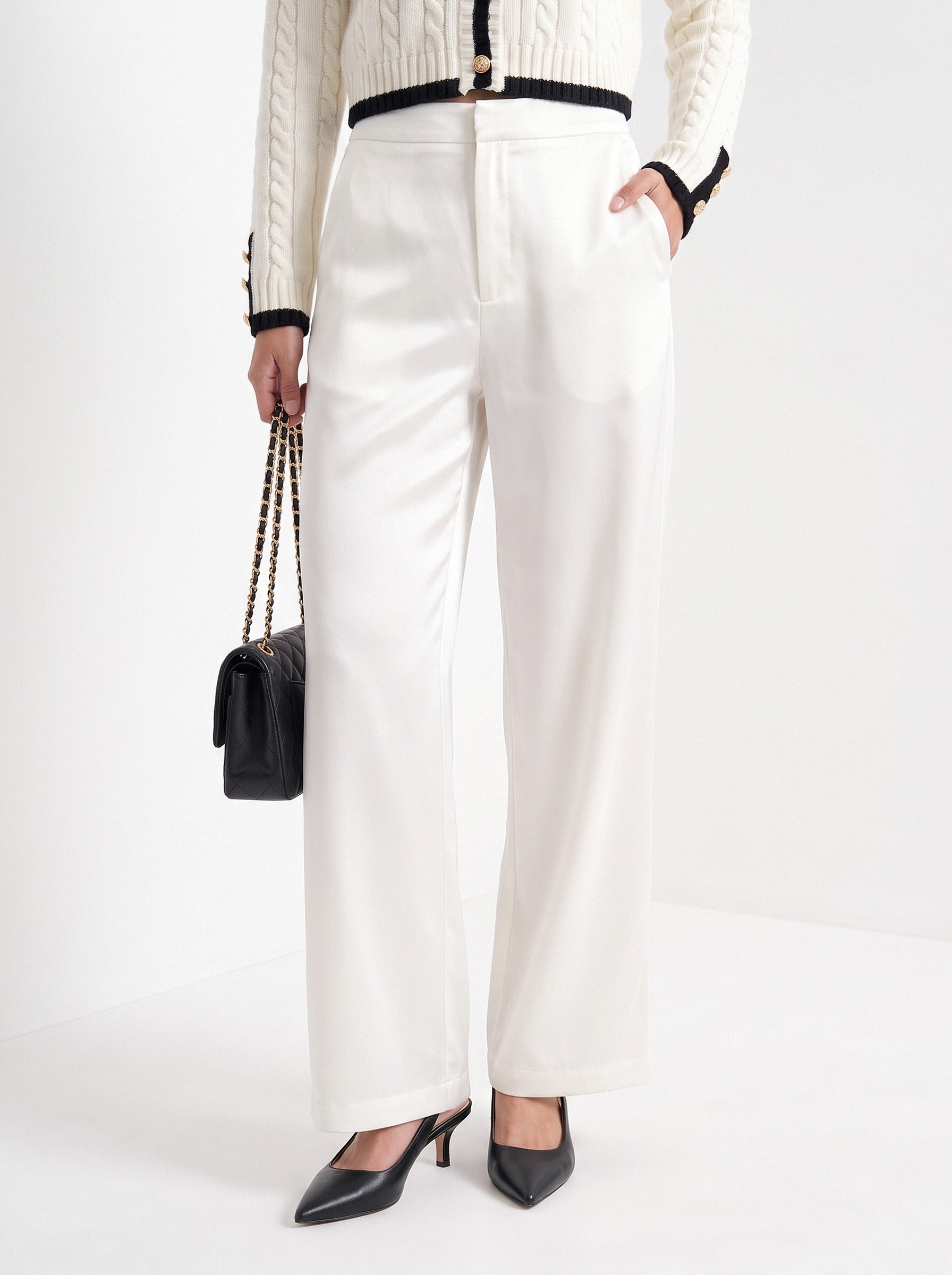 BLENIN satin wide leg trousers in white, front portrait