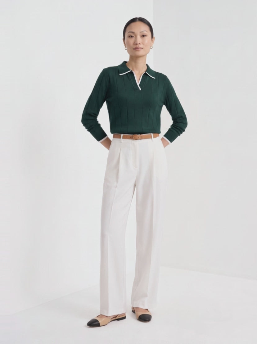 BLENIN contrast trim knit polo in forest green, video of the full outfit
