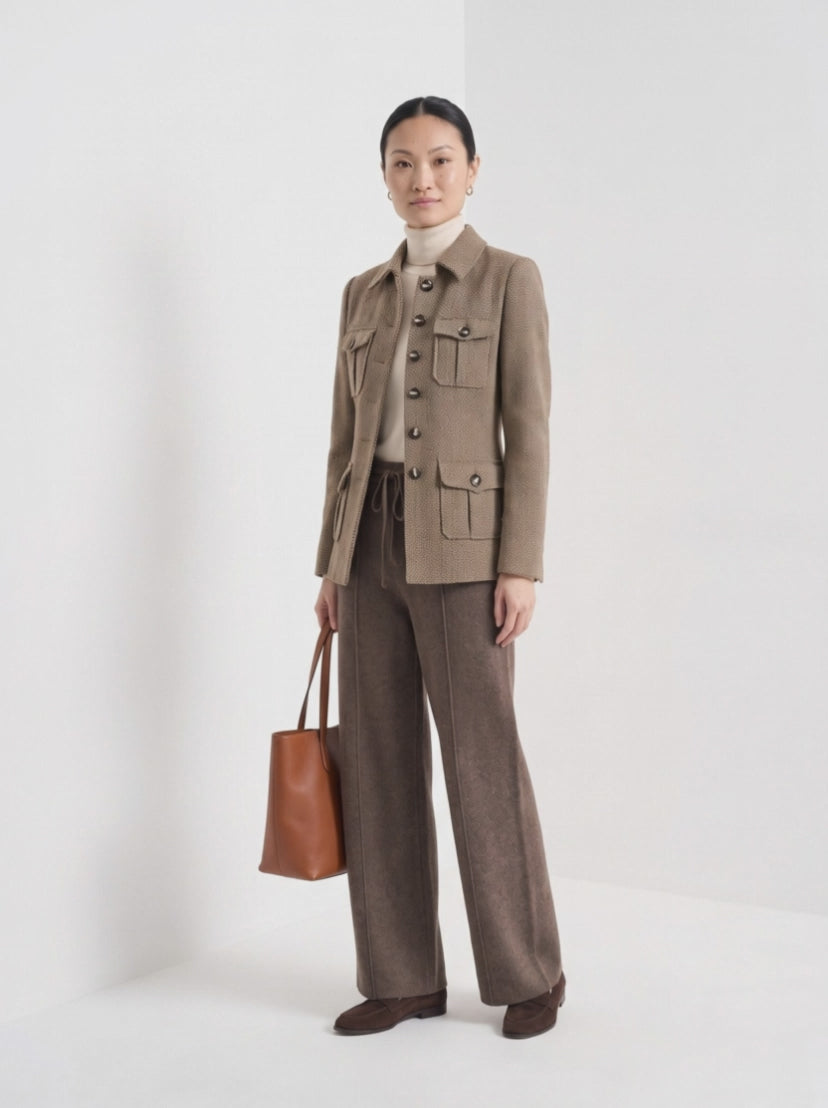 BLENIN herringbone field jacket in camel, video of the full outfit