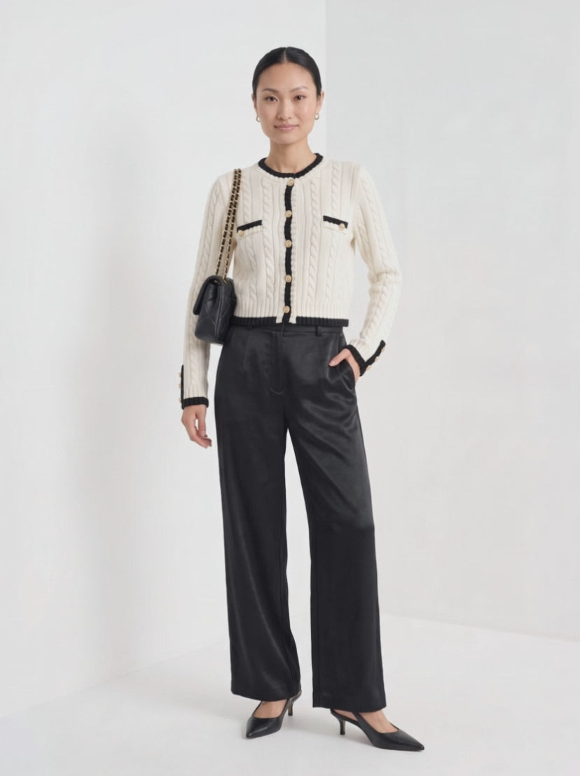 BLENIN satin wide leg trousers in black, video of the full outfit