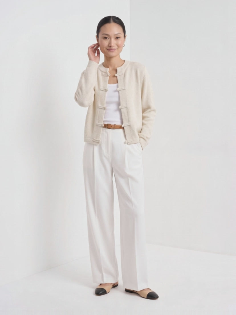 BLENIN knot button cardigan in cream, video of the full outfit