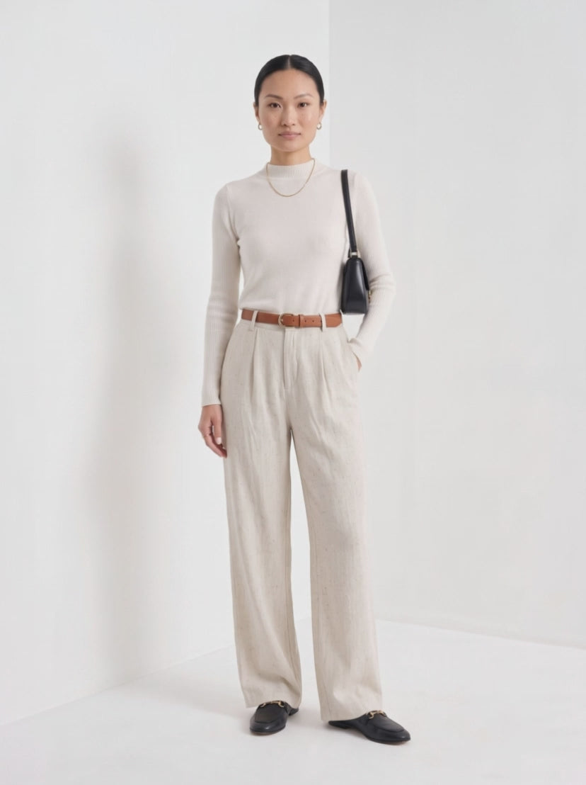 BLENIN cashmere mock neck sweater in milky, video of the full outfit