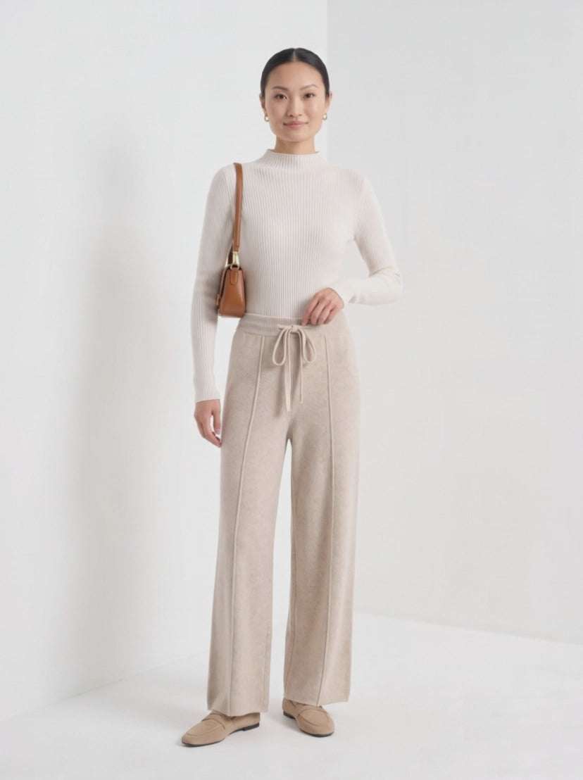 BLENIN knit wide leg trousers in beige, video of the full outfit