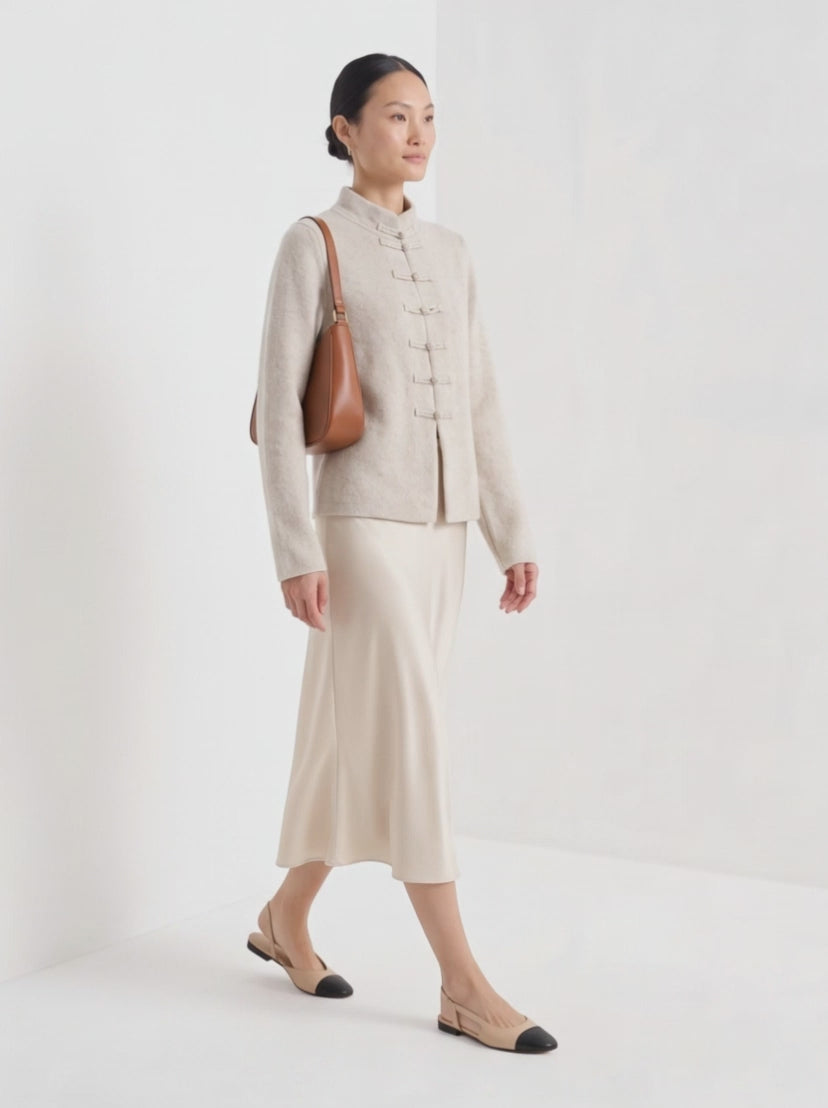 BLENIN mandarin collar cardigan in oatmeal, video of the full outfit
