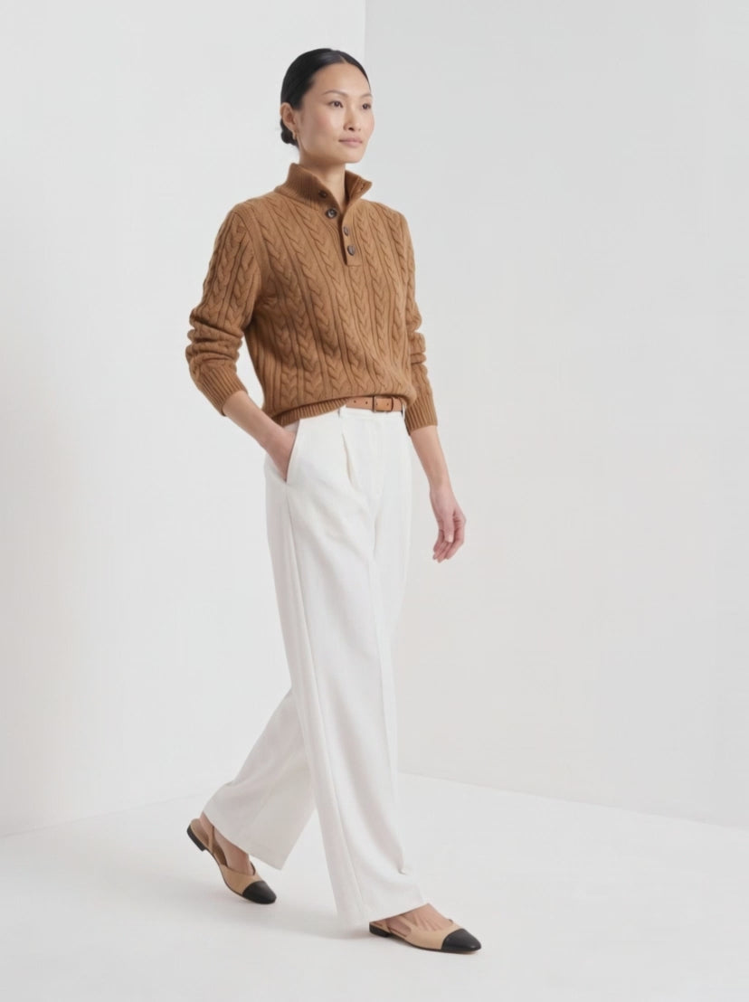 BLENIN cable button collar sweater in cognac, video of the full outfit