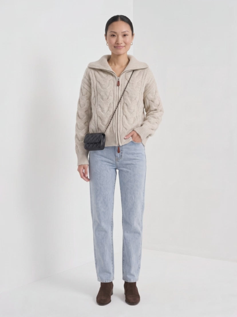 BLENIN wide collar cable zip cardigan in oatmeal, video of the full outfit