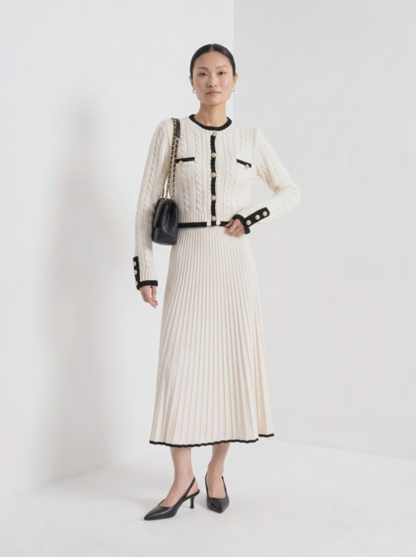 BLENIN contrast trim cable cardigan in ivory, video of the full outfit