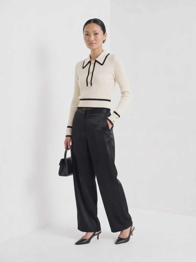BLENIN contrast collar button sweater in cream, video of the full outfit