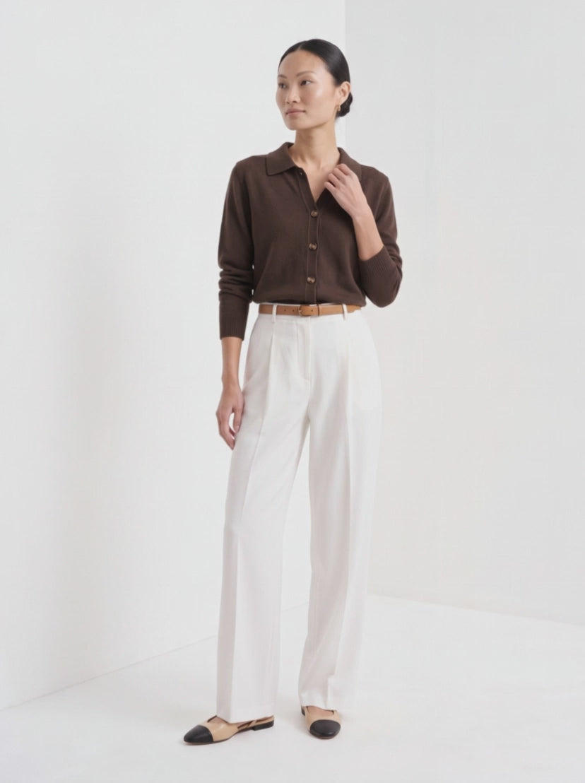 BLENIN collared button cardigan in chocolate, video of the full outfit