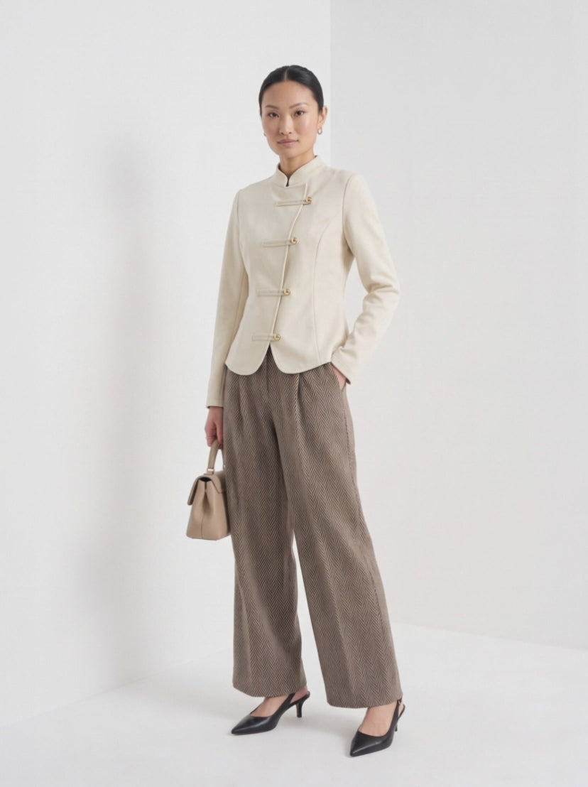 BLENIN stand collar fitted jacket in cream, video of the full outfit