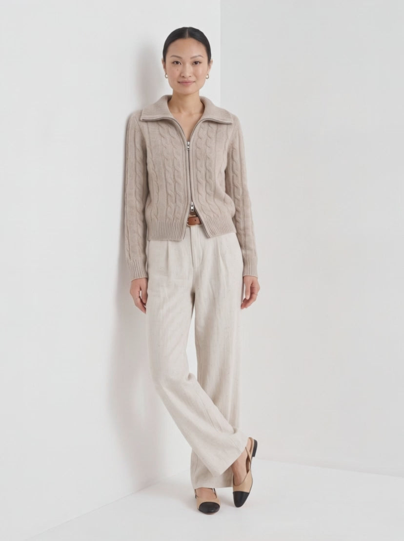 BLENIN cable zip collar cardigan in camel, video of the full outfit