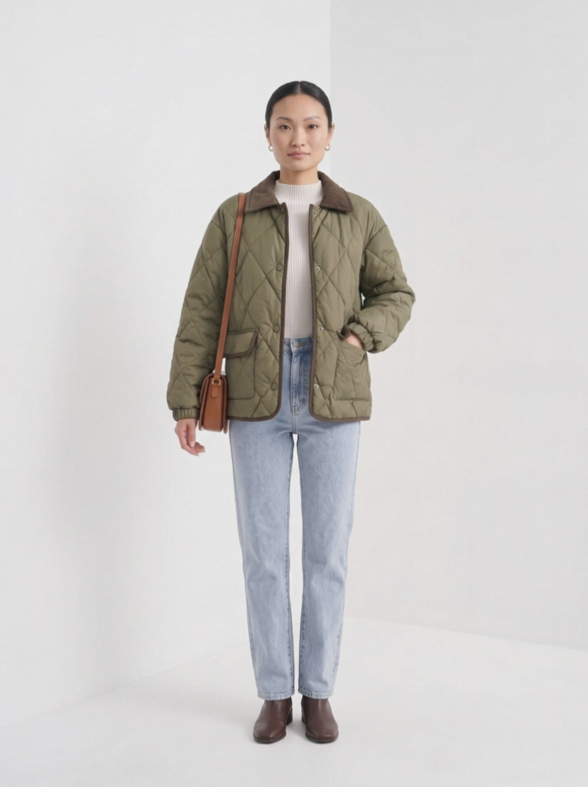BLENIN quilted corduroy collar jacket in olive, video of the full outfit