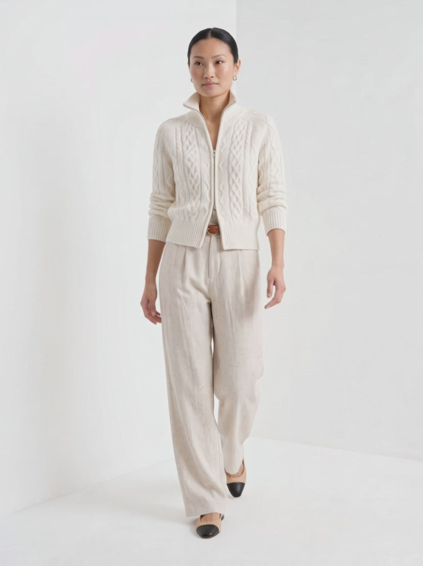 BLENIN cable knit zip cardigan in ivory, video of the full outfit