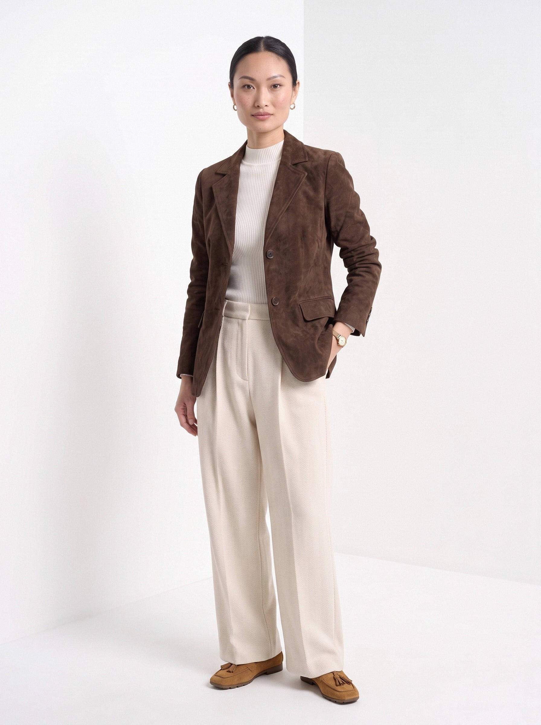 BLENIN women's suede-look blazer in brown, full-length look