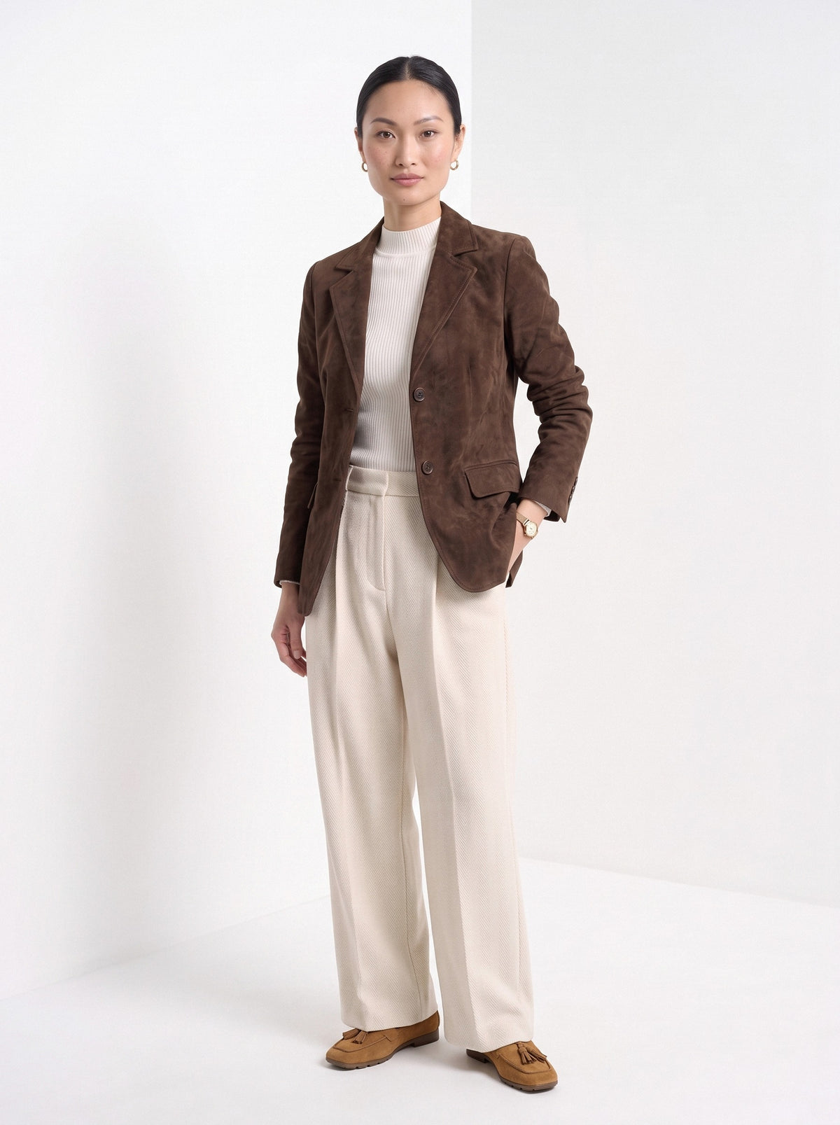 BLENIN women's suede-look blazer in brown, full-length look