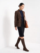BLENIN women's suede-look blazer in brown, full outfit, walking