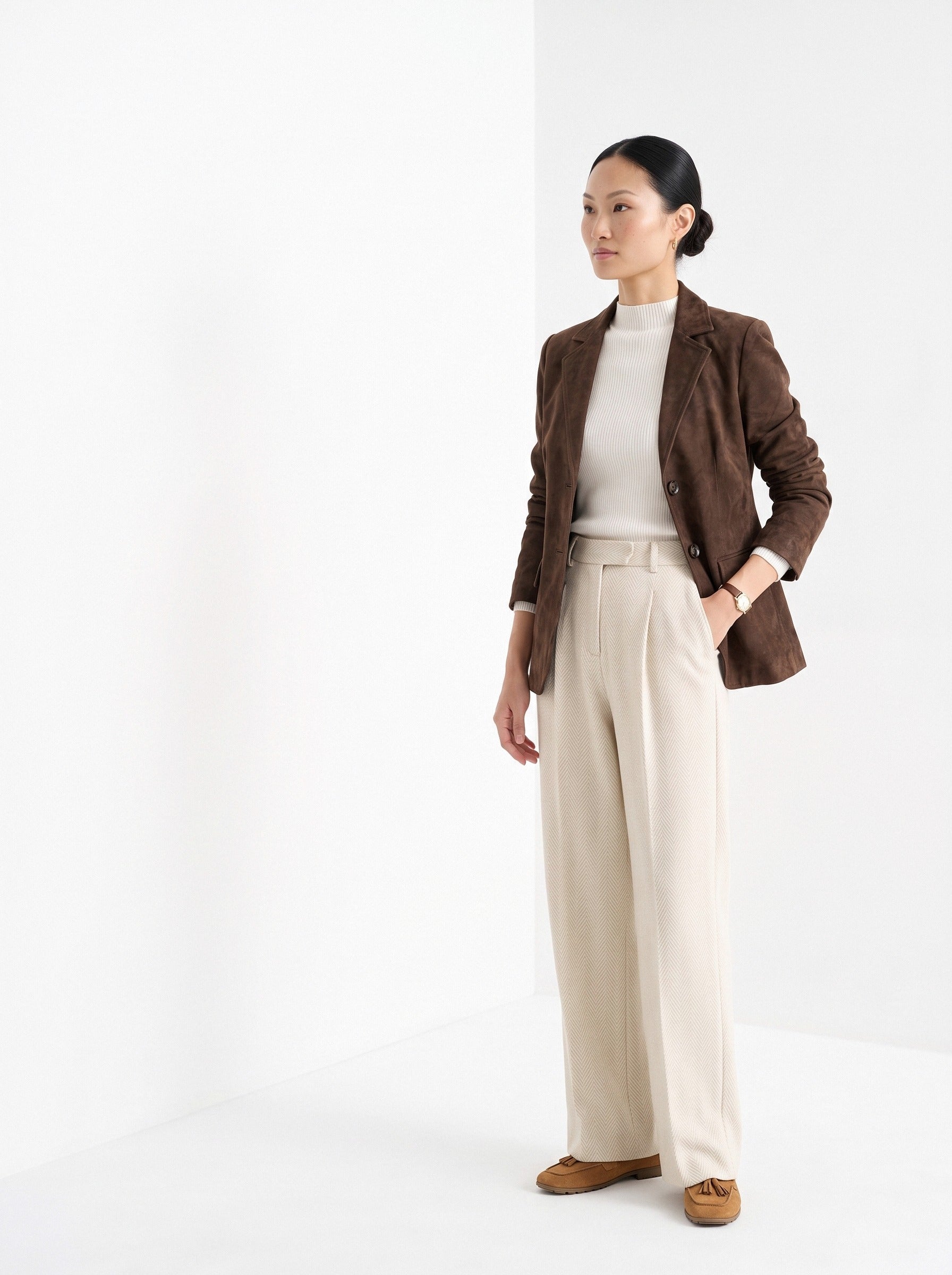 BLENIN women's suede-look blazer in brown, three-quarter view