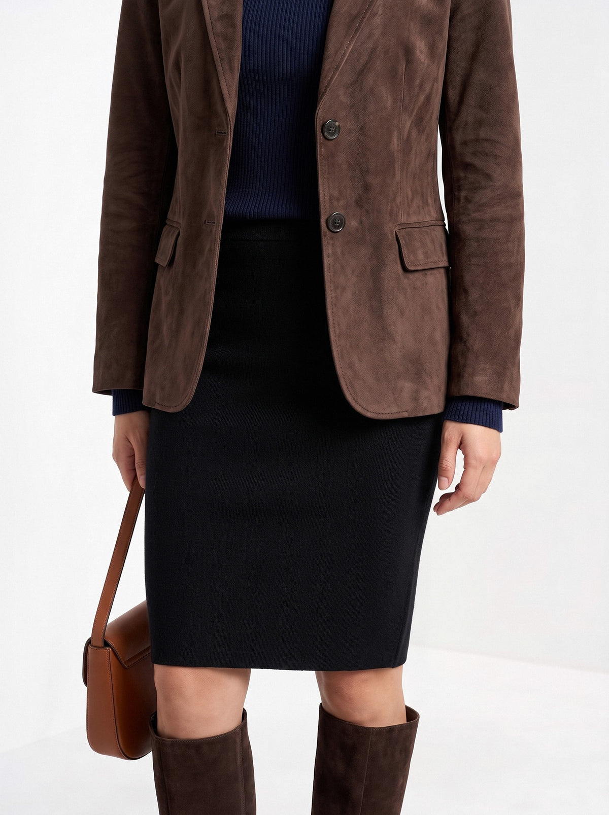 BLENIN women's suede-look blazer in brown, fit detail