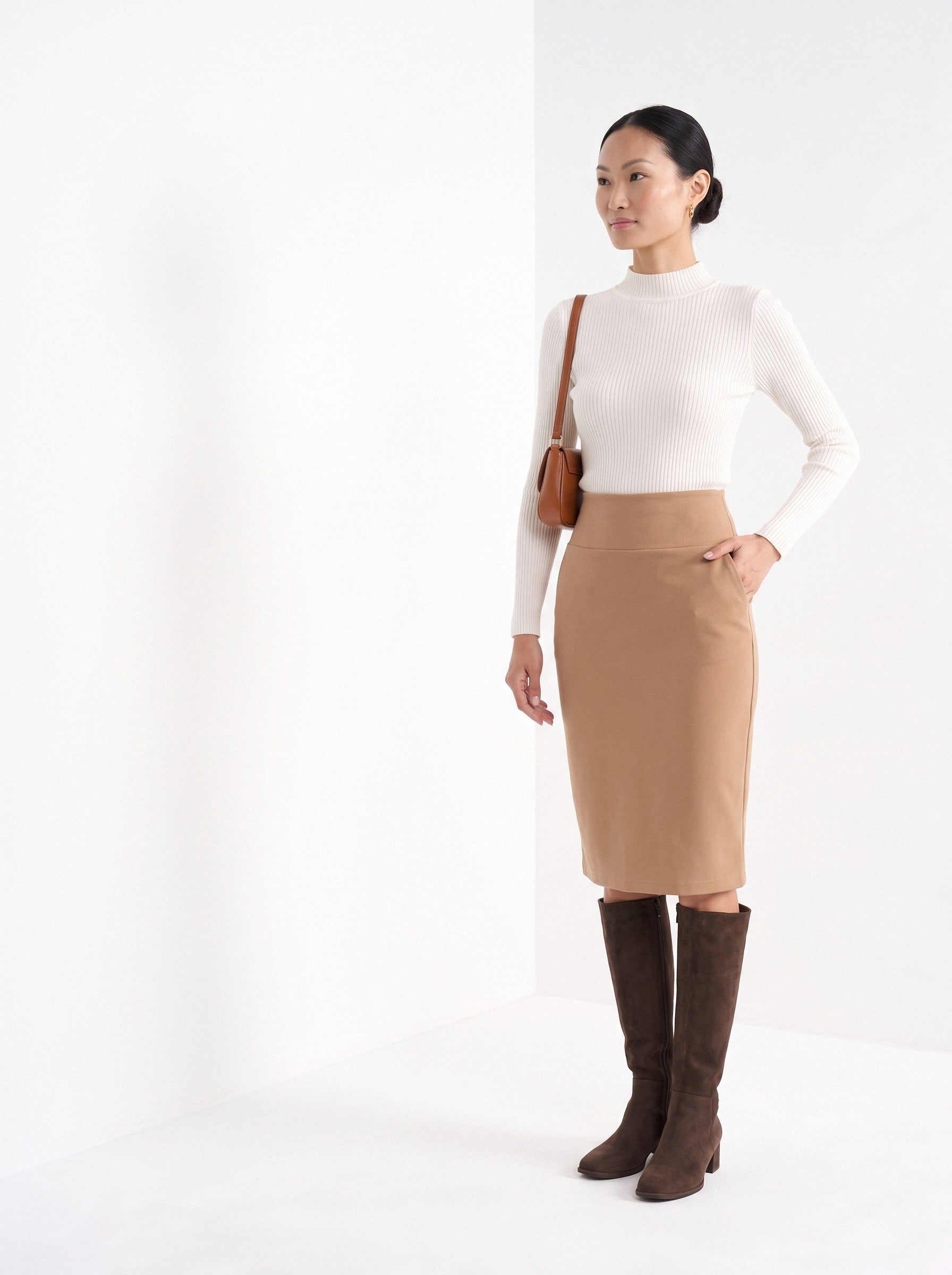 BLENIN women's knit pencil skirt in camel, three-quarter view