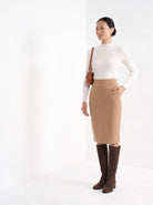 BLENIN women's knit pencil skirt in camel, three-quarter view