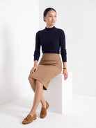 BLENIN women's knit pencil skirt in camel, seated, full outfit
