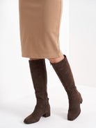 BLENIN women's knit pencil skirt in camel, hem and shoes