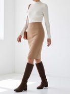 BLENIN women's knit pencil skirt in camel, styled detail