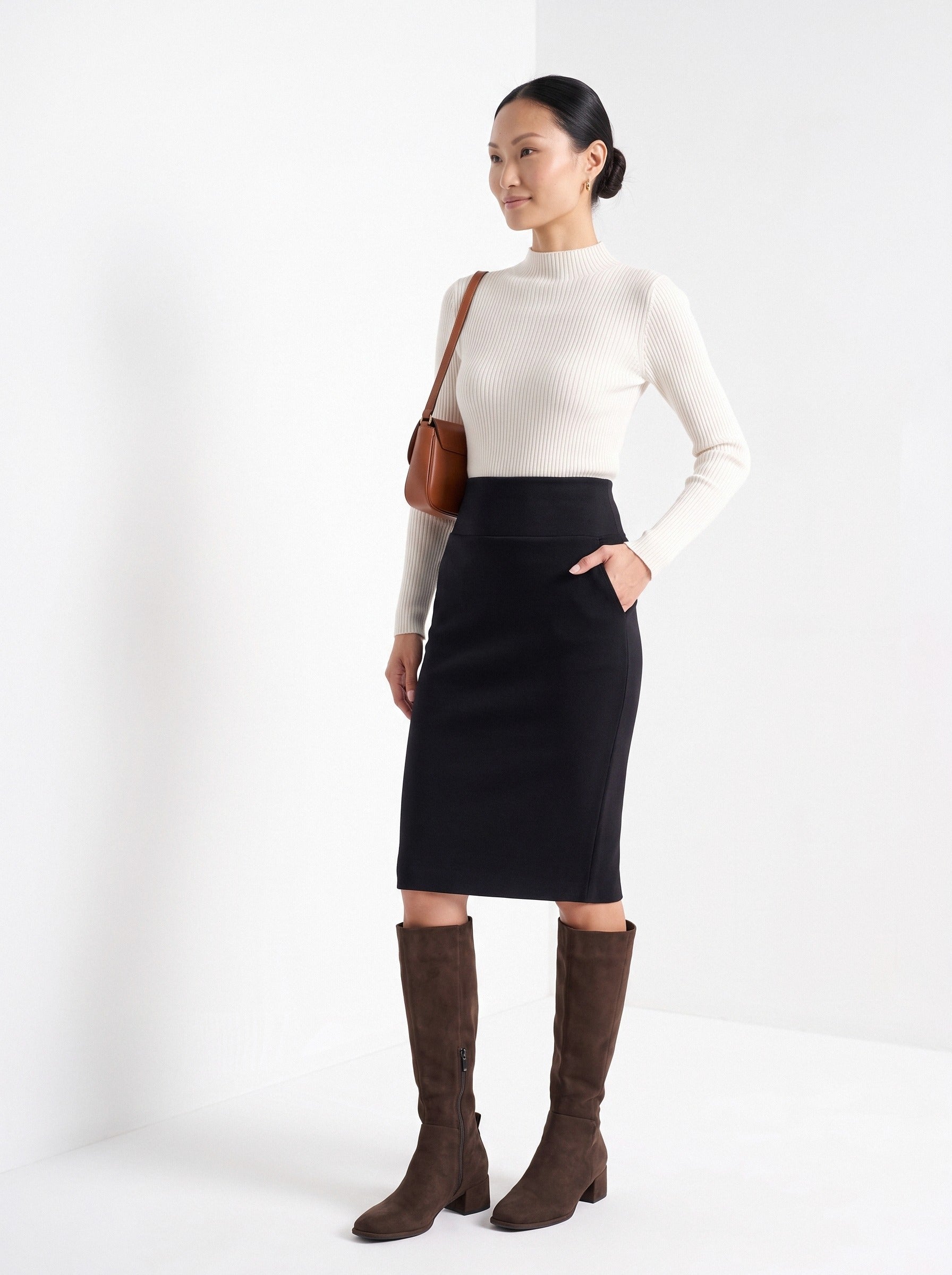 BLENIN women's knit pencil skirt in black, three-quarter view