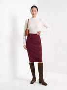 BLENIN women's knit pencil skirt in burgundy, full-length look