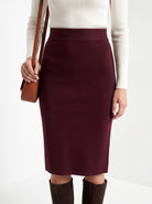 BLENIN women's knit pencil skirt in burgundy, close-up of the details