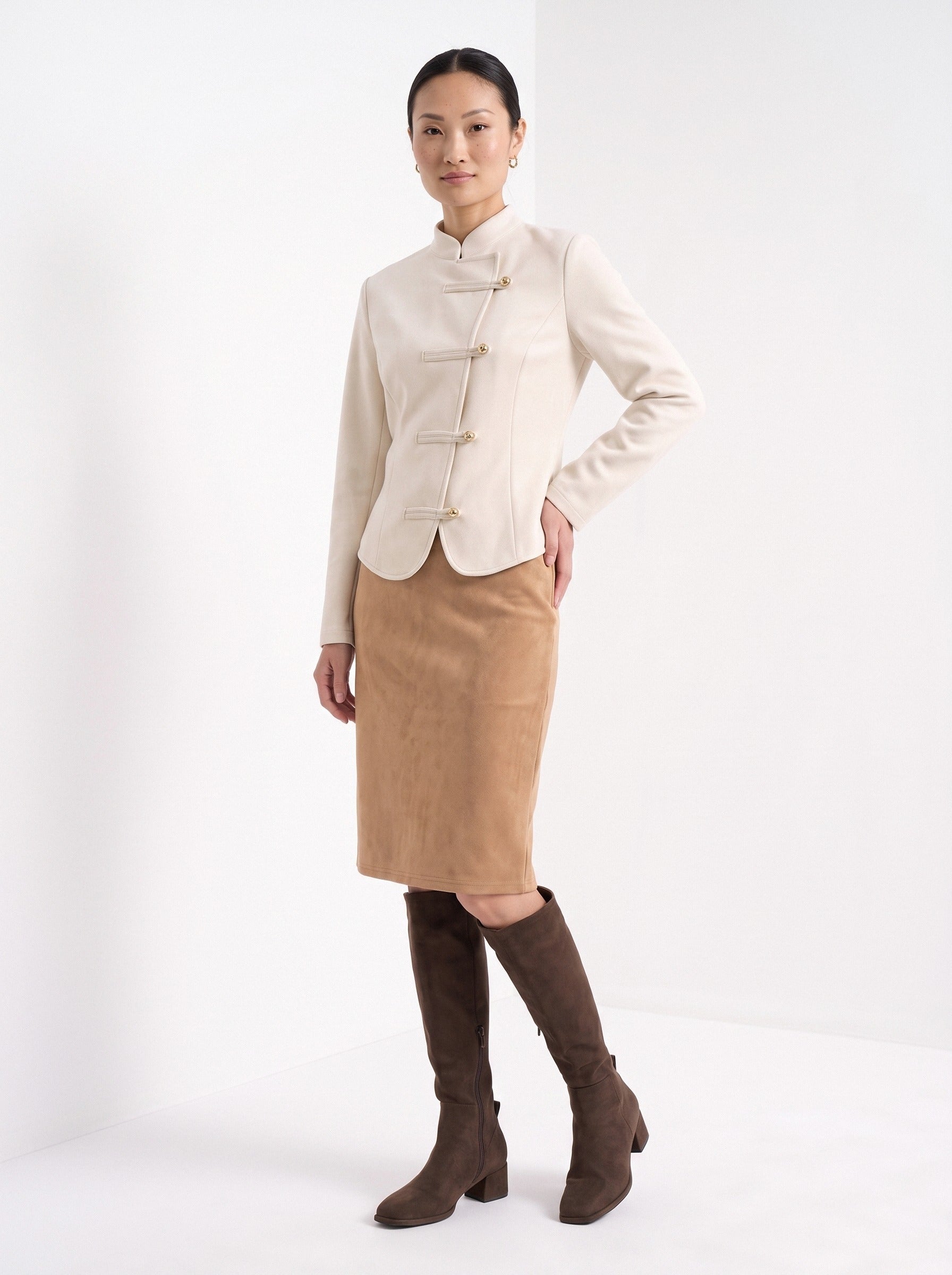 BLENIN women's suede-look pencil skirt in camel, full-length look