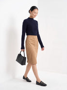BLENIN women's suede-look pencil skirt in camel, full outfit, walking