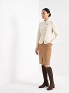 BLENIN women's suede-look pencil skirt in camel, three-quarter view