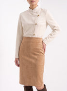 BLENIN women's suede-look pencil skirt in camel, close-up of the details