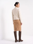 BLENIN women's suede-look pencil skirt in camel, back view