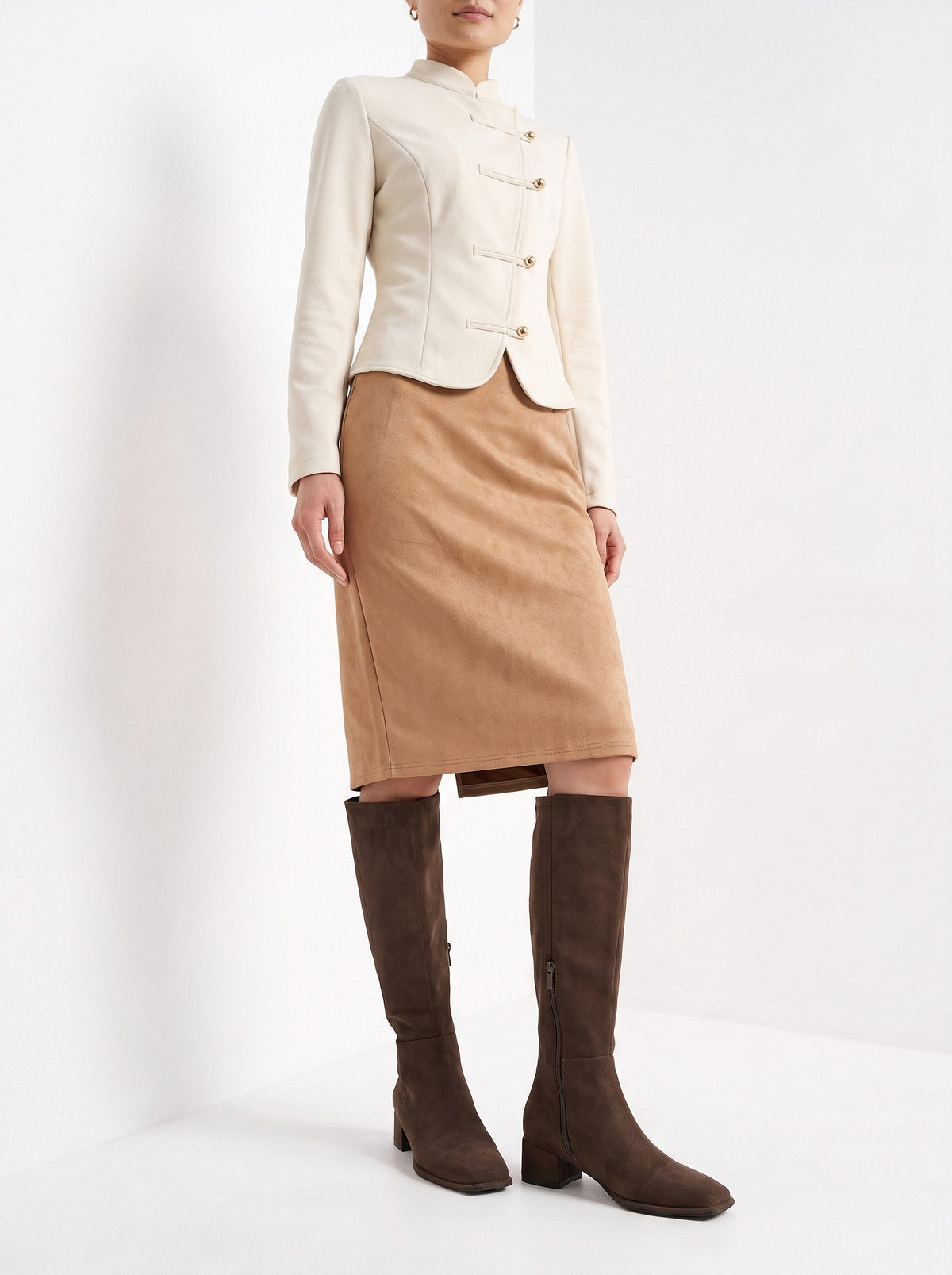 BLENIN women's suede-look pencil skirt in camel, hem and shoes