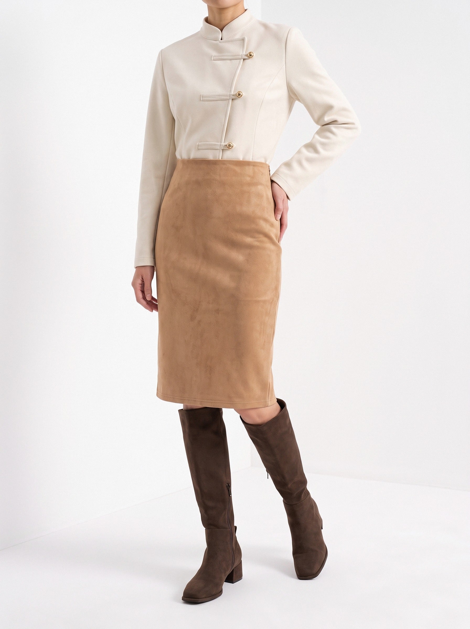 BLENIN women's suede-look pencil skirt in camel, front portrait