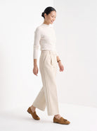 BLENIN women's suede-look tassel loafers in tan, full outfit, walking