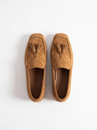 BLENIN women's suede-look tassel loafers in tan, pair from above