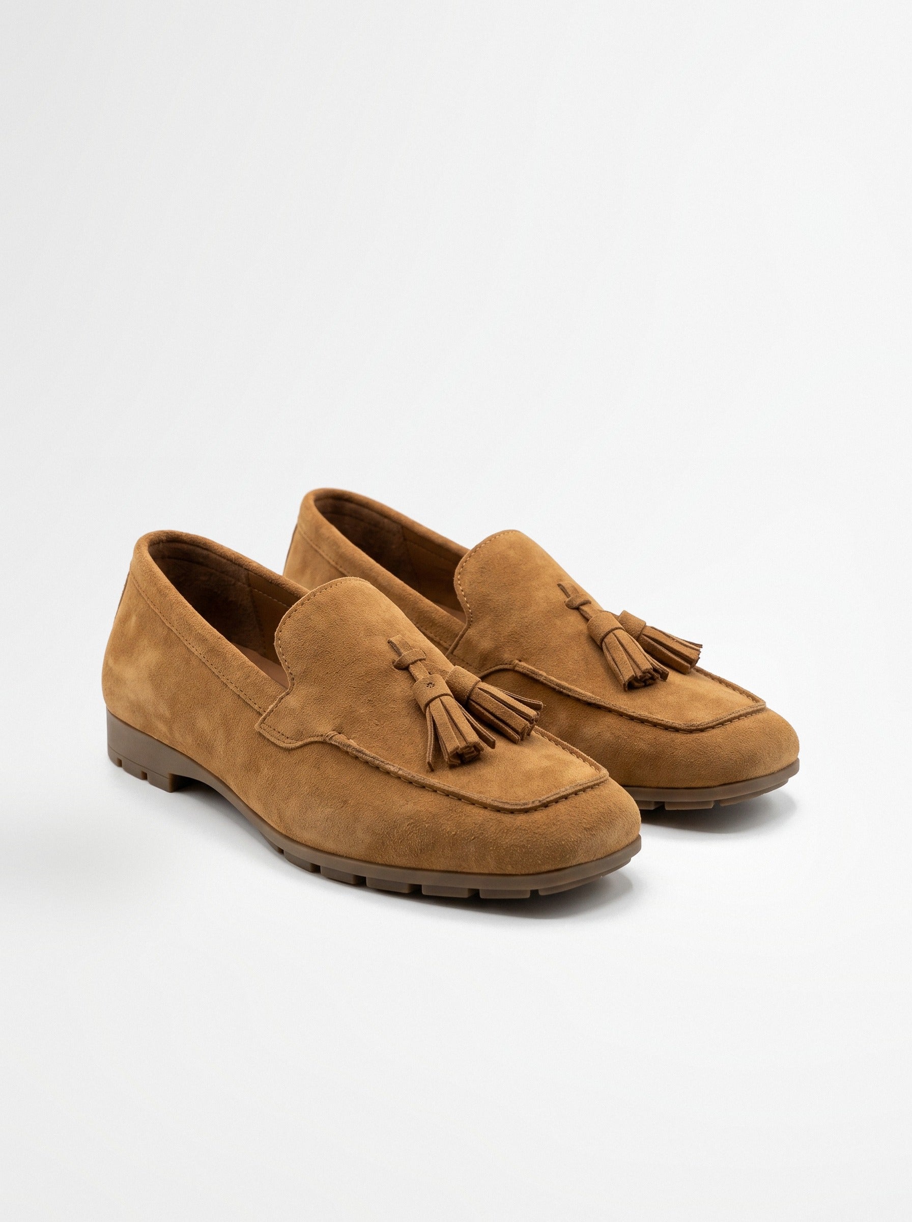 BLENIN women's suede-look tassel loafers in camel, pair, three-quarter view