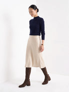 BLENIN women's suede-look over-the-knee boots in brown, full outfit, walking
